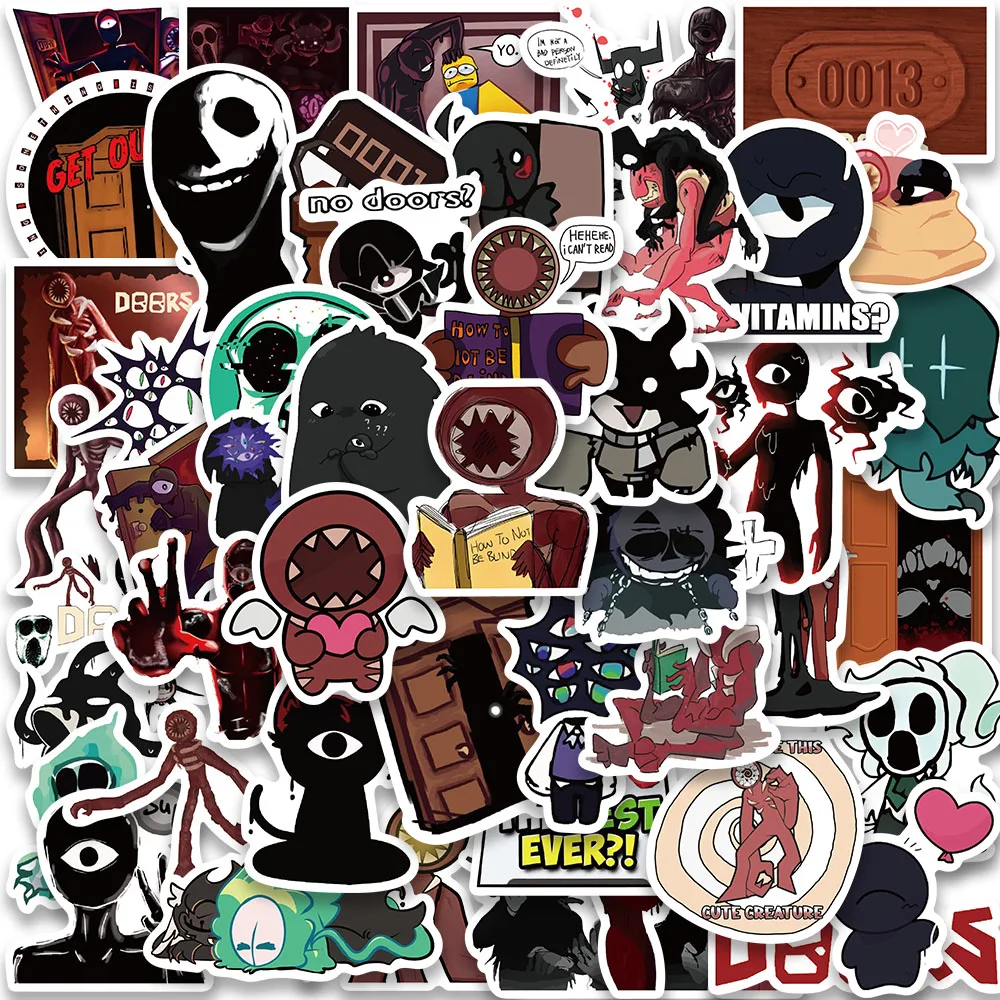 10/50pcs Funny Game DOORS Horror Escape Cartoon Stickers for Laptop Skateboard Computer Phone Waterproof Decal Kids Toy Sticker