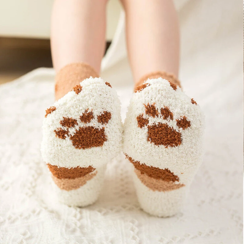 6pairs/lot Cute Cartoon Cat Claw Socks for Women Girls Winter Coral Fleece Thickened Warm Home Sleeping Stocking Floor Stockings
