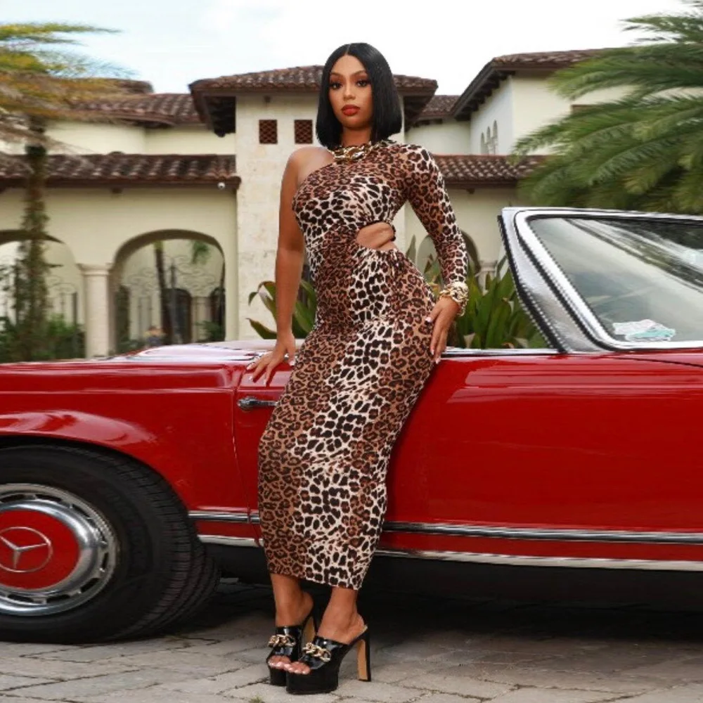 

Женское коктейльное платье на одно плечо, с леопардовым принтом и открытой спиной