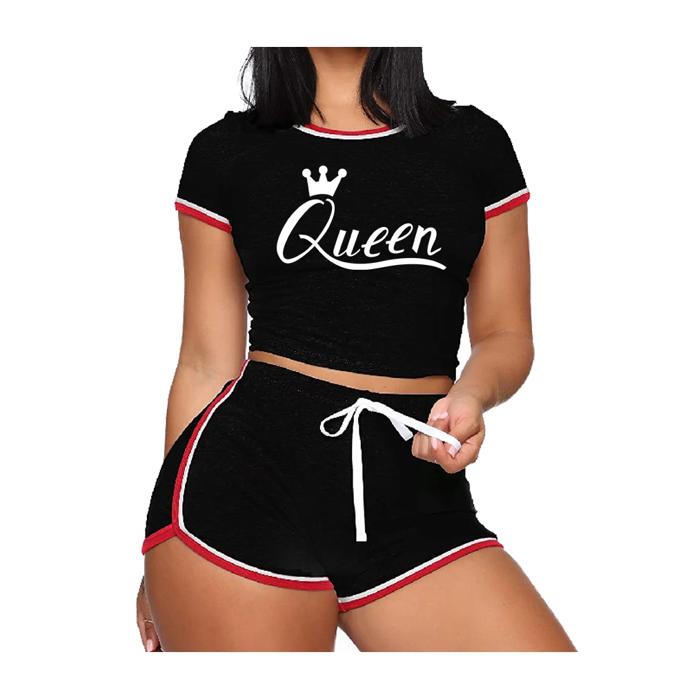 

Women Queen Print Sport 2 Pcs Set Women Crop Top Shirt Leggings Shorts Yoga Sportsuit Wear Workout Outfit Fitness Gym Clothes