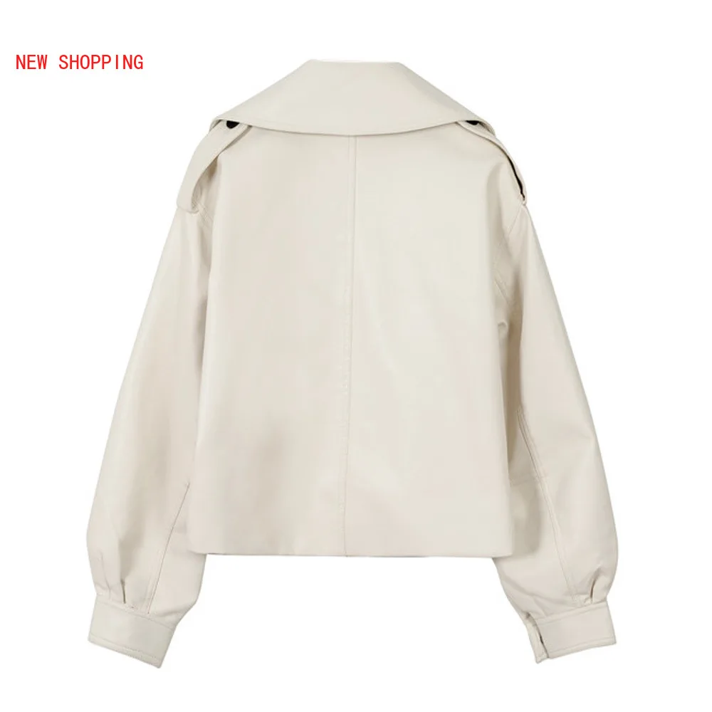 New Women Faux Leather Jacket Soft Loose Vintage Biker Coat Short Pockets Motor PU Black Jacket Autumn Street Leather Coat White