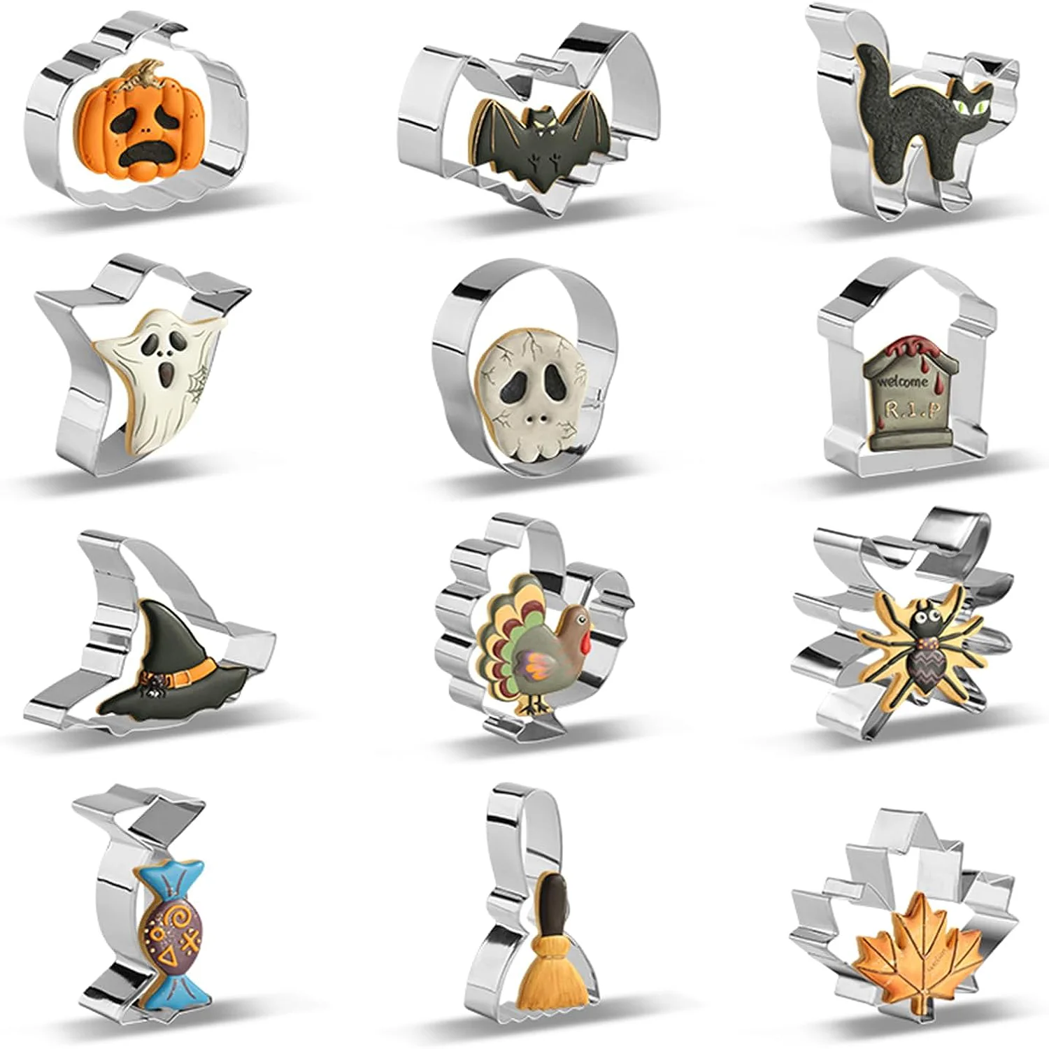 

Halloween Cookie Cutters Stainless Steel Cookie Shaped Mold Includes Pumpkin, Cat, Bat, Ghost Halloween Food Party Decorations