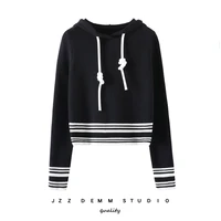knitted hooded sweater womens autumn and winter long sleeved black and white striped stitching short pullover sweater top women
