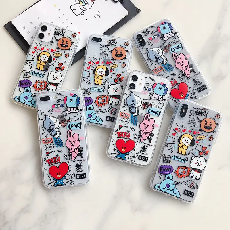 Bt21 Kawaii Phone Case for Iphone 13 12 11 Pro Max X Xr Xs Cartoon Shockproof Transparent Cover Protection Shell Girl Gift images - 6