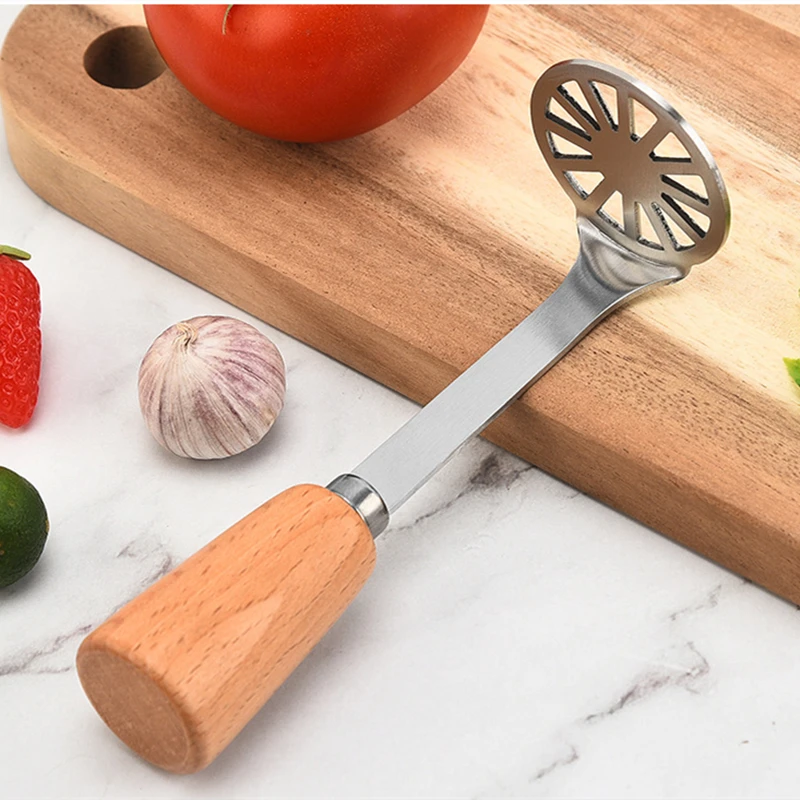 

Stainless Steel Potato Masher with Wooden Handle Multifunction Pumpkin Banana Puree Mud Press Kitchen Food Crusher Cooking Tools