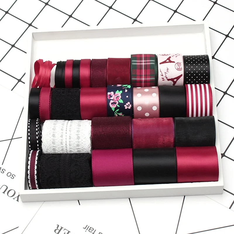 

2022 New Style DIY Ribbon Set---Burgundy Red Color Mix Ribbons Set ( Total 28 Yards) Christmas Decoration Satin Ribbon