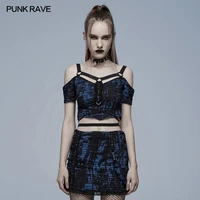 punk rave womens gothic knitted print women%e2%80%99s t shirt personalized shoulder loop binding rope belt womens tee shirt in blue