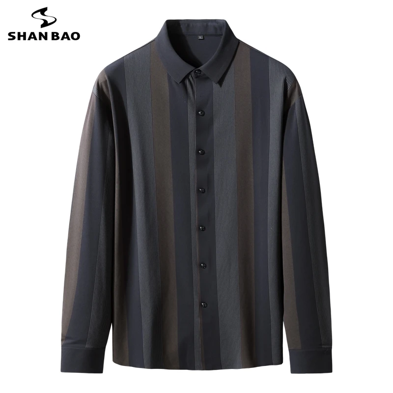 

SHAN BAO Autumn Brand Plus Size Business Casual Clothing Men's Striped Stretch Loose Long Sleeve Shirts Fashion Elegant Shirts