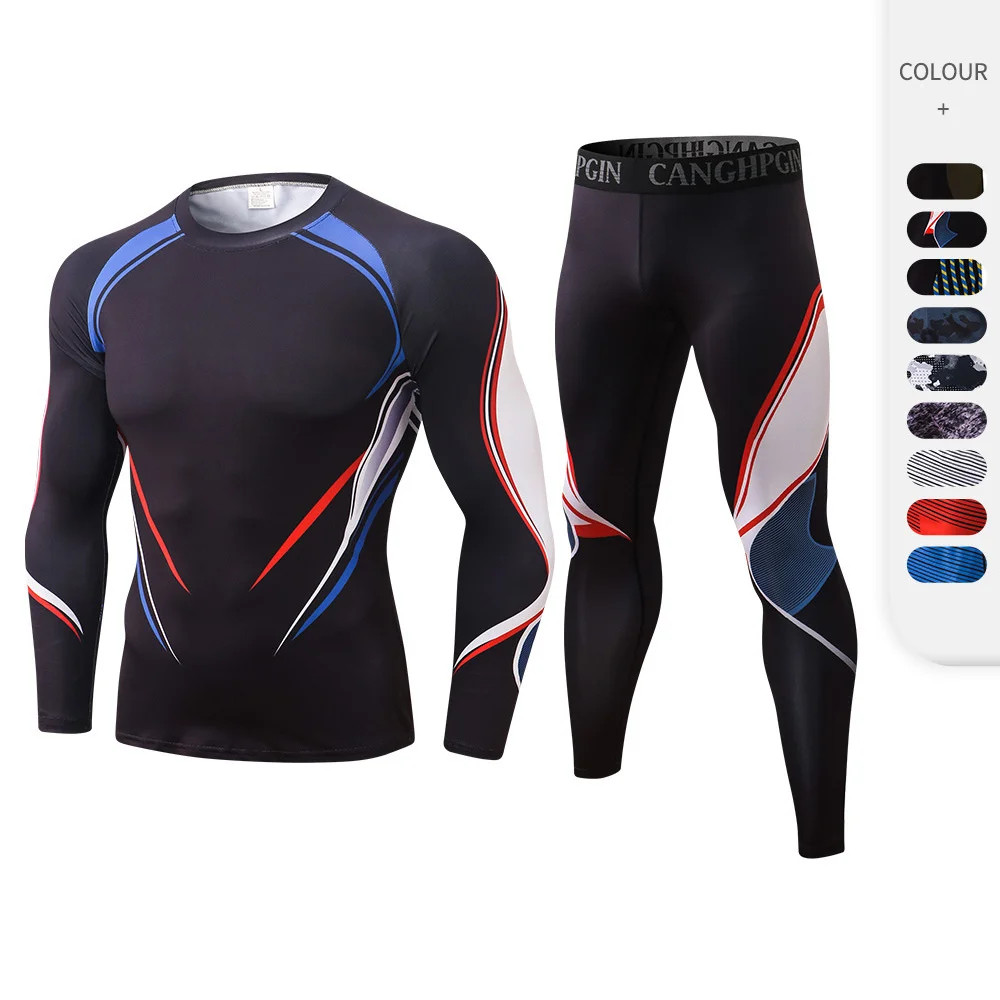 

Autumn and winter men's fitness suit high elastic tights quick drying training pants digital printing two-piece set