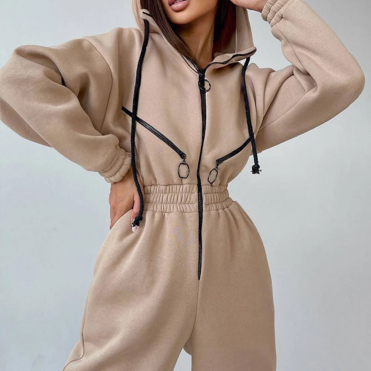 YJKDYK 2025 Autumn Winter Women's Jumpsuit Female contrast Hooded Zipper Siamese Drawstring Elastic Waist Ankle Jumpsuits