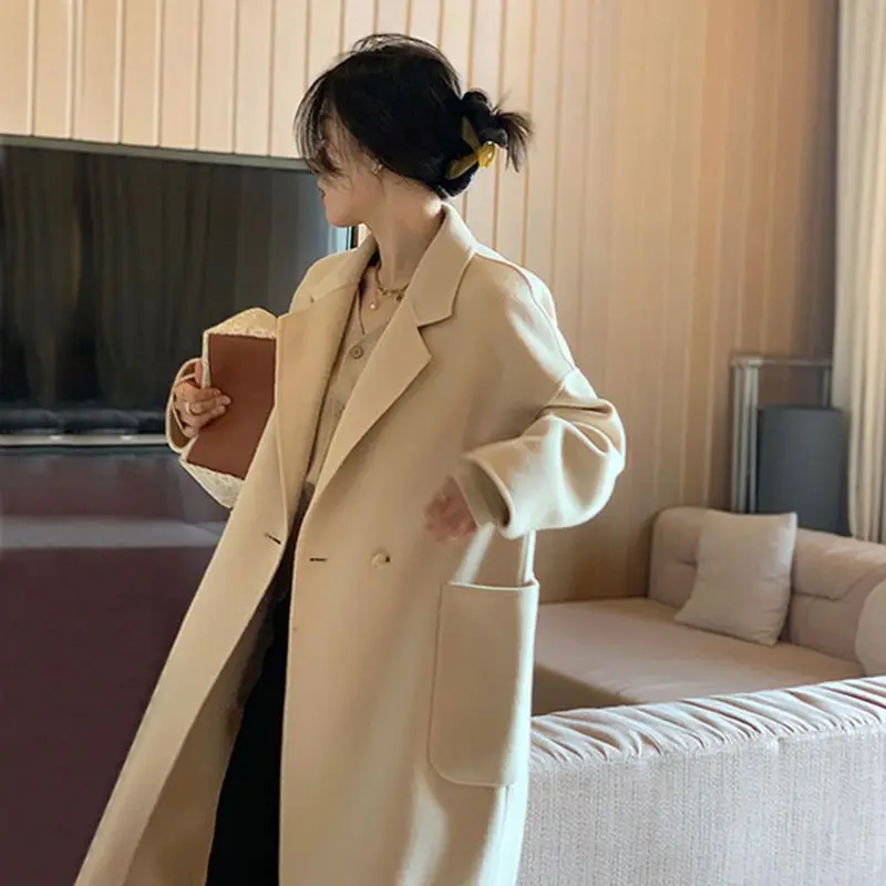 

Women Wool Long Coat Ladies Elegant Long Blazer Solid All Match Long Sleeve Button Pocket Winter Jackets Loose Overcoats J200
