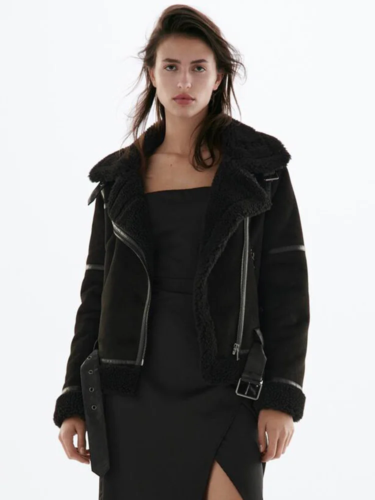2022 New Winter Women Thickness Warm Vintage Lambswool Motorcycle Brown Coats Faux Shearling Sheepskin Leather Jacket Outwear
