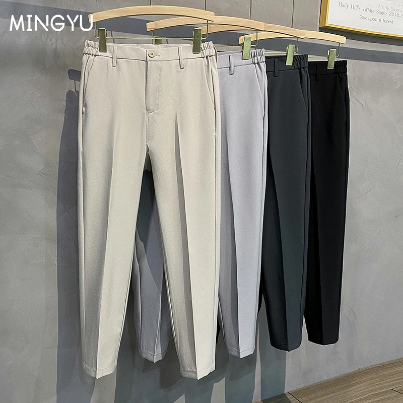 2022 Spring Autumn Men's Casual Pants Suit Pant Slim Fit Work Elastic Waist Jogging Trousers Male Black Grey Plus Size 40 42
