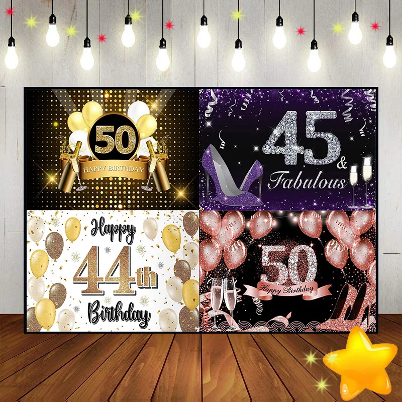 Happy 42/43/44/45/50th Birthday Photography Backdrops Colorful Background Smash Cake Gold Blue White Photocall Special Exquisite