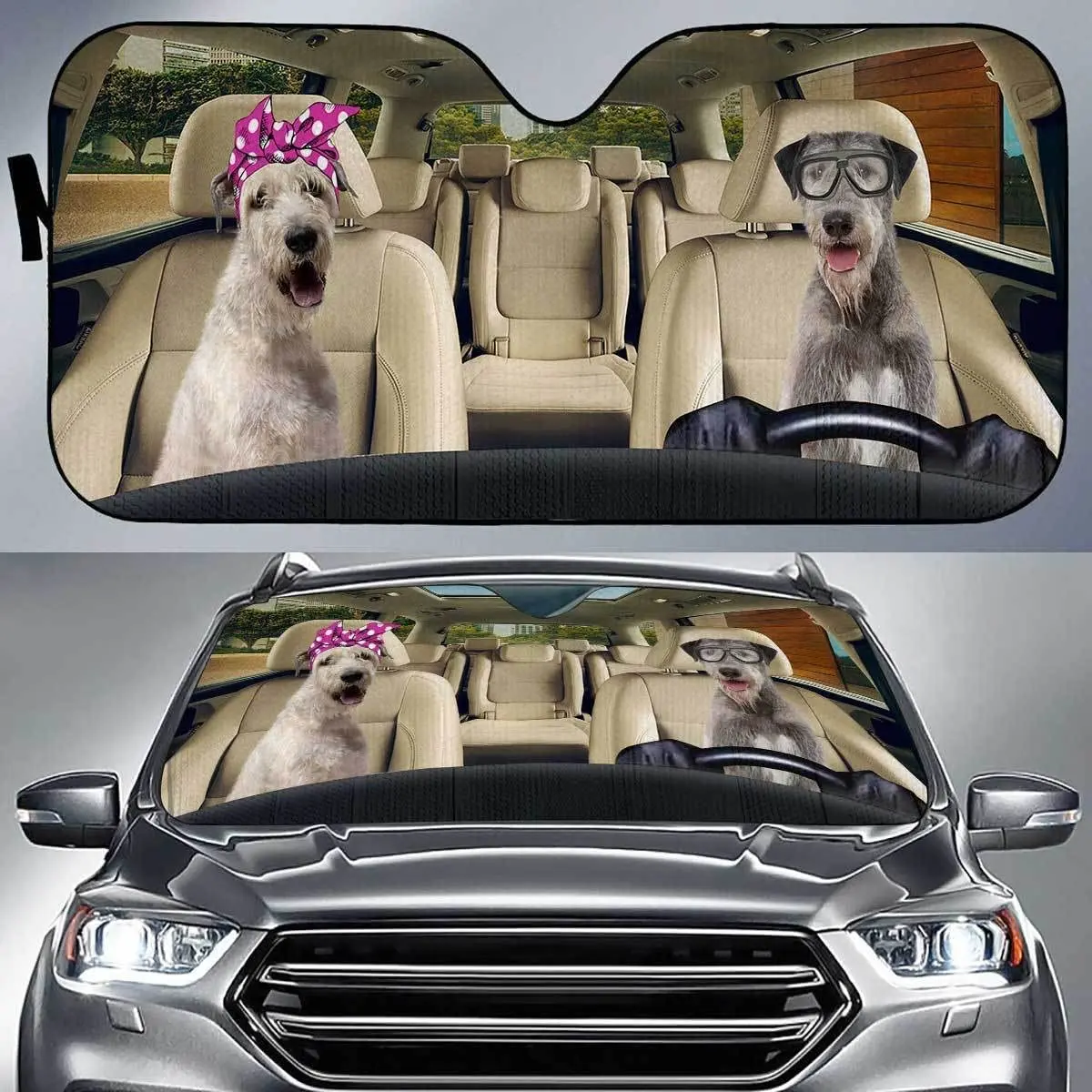 

Funny Irish Wolfhound Dogs Couple Driving Left Hand Car Sunshade, Irish Wolfhound Dogs Wearing Pink Headband and Glasses Auto Su
