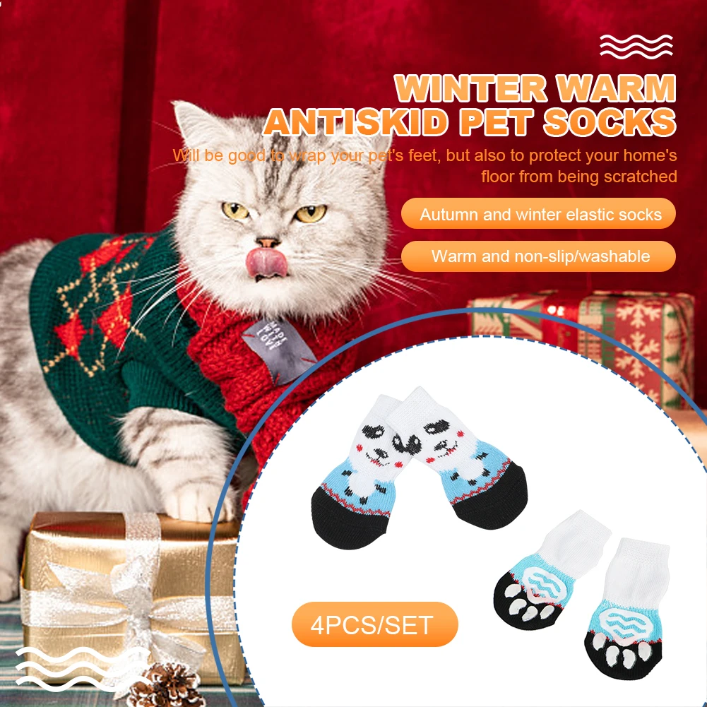 

4pcs Autumn Winter Pet Dog Socks Cartoon Cotton Puppies Stockings Non-slip Dog Stockings Elastic Keep Warm Pet Accessories