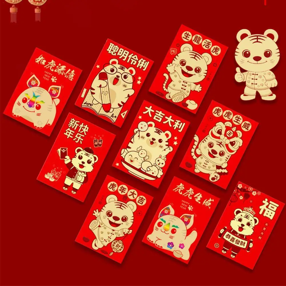 

6 шт., красные конверты-талисманы со знаками Зодиака, праздничные весенние праздники Hongbao на удачу, 2022, китайский новый год тигров
