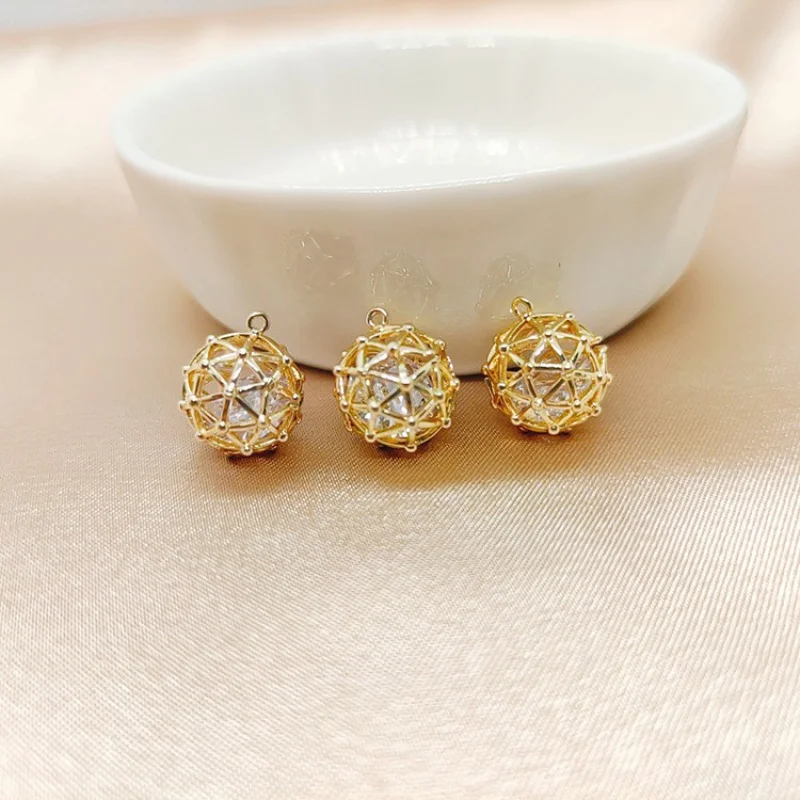

18K Gold-Plated Ball Contains Zircon Single Hook Hollow Ball Flower Beads For DIY Jewelry