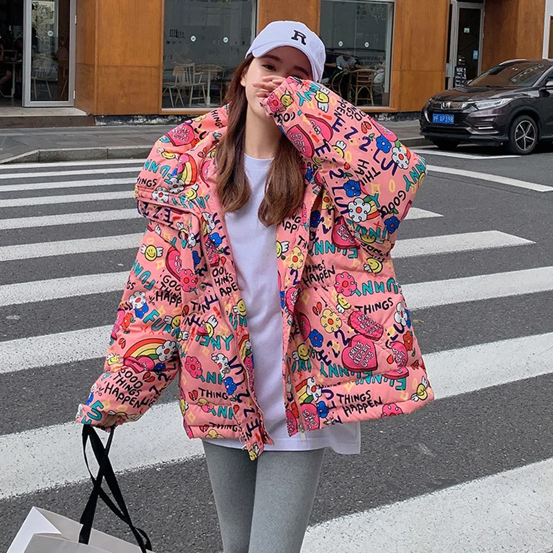 Winter Women's Korean Loose Thickening Hooded Mid-length Long-sleeve Warm Parkas 2021 New Letter Jacket Down Cotton Jackets Lady