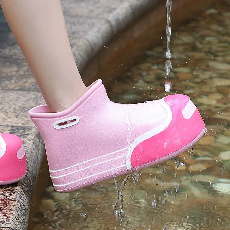 2023 Trendy Rain Boot Women's Wide Fit Rainshoes Woman Waterproof Ankle Rainboots Ladies Galoshes Pink Patches EVA Rain Boots