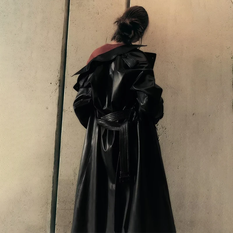 Elegant Black Faux Leather Trench Femme Outwear Fashion Winter Double Breasted Belt Oversize Office Ladies Pu Long Coat Women