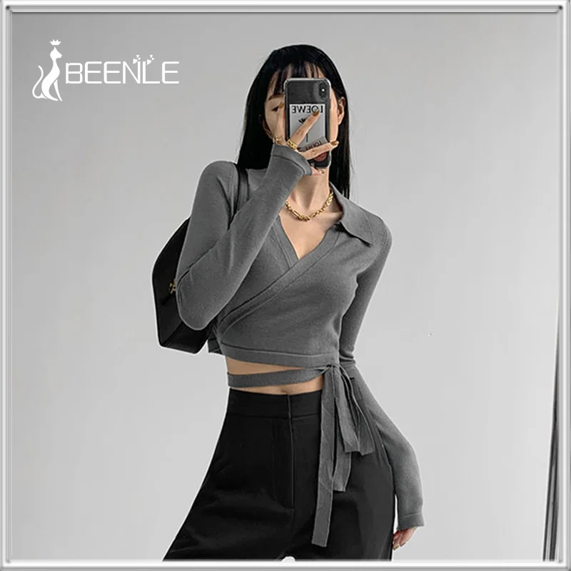 

BEENLE Pullover 2022 Spring Women Autumn Hot Girl Top V-neck Knitted Polo Shirt Women's New Waist Bandage Bottoming Shirt