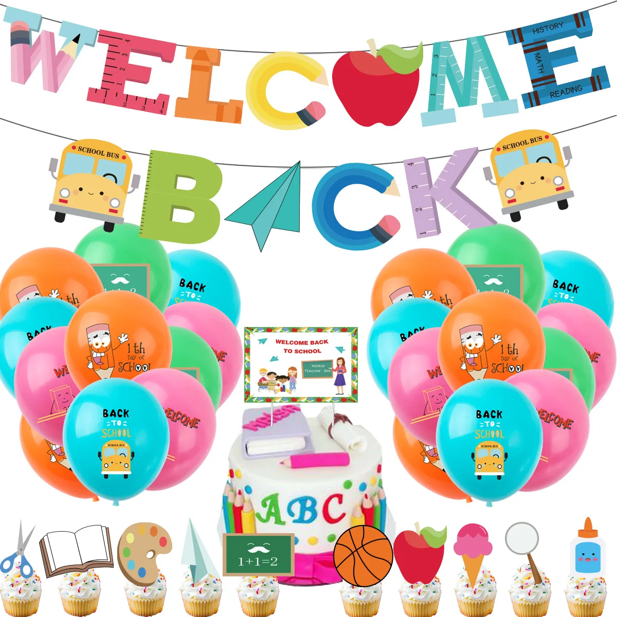 

Wecome Back To School Theme Latex Balloon with Cake Topper Banner Animation School Party Supplie Decoration Kid Toy