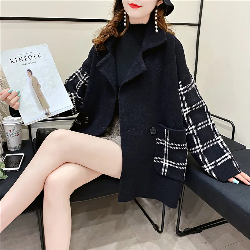 

2023 Autumn New Plaid Imitation Double-sided Fabric Short Large Coat Women's Trendy Loose Fashion Women's Woolen Coat