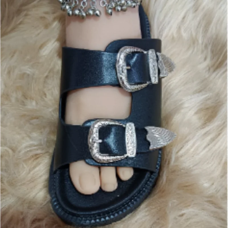 Shoes for Women New Summer Leopard Metal Decoration Leather Button Women's Slippers Non Slip Casual Ladies Sandals Beach Flats