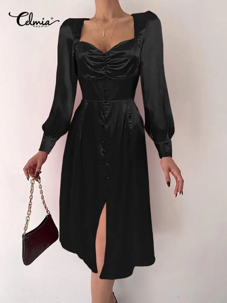 

Celmia Fashion Women Satin Midi Dress Casual Hem Slit Long Sleeve Robe Elegant Party Shirred Long Vestidos Square Collar Dresses