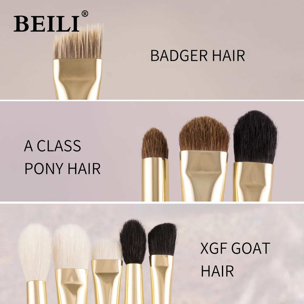 

BEILI Luxury 9 pieces Natural goat hair Pony badger white Professional Makeup brush set Eye define Smoky shade gold eye brush