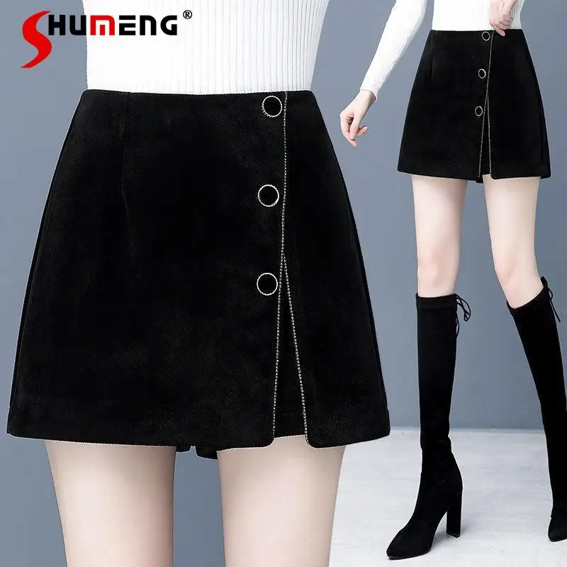 

Women's Loose Black Corduroy Shorts 2022 Spring New Elegant Woman Pocket Wide Leg Buttons High Waist Slimming Short Bootcuts