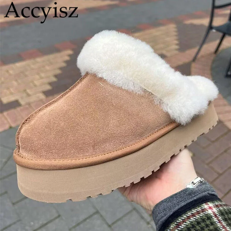 

Winter Closed Toe Platform Fur Half Slippers Women Flat Thick Bottom Genuine Wool Lining Warm Cotton Shoes Lazyman Mules 2023