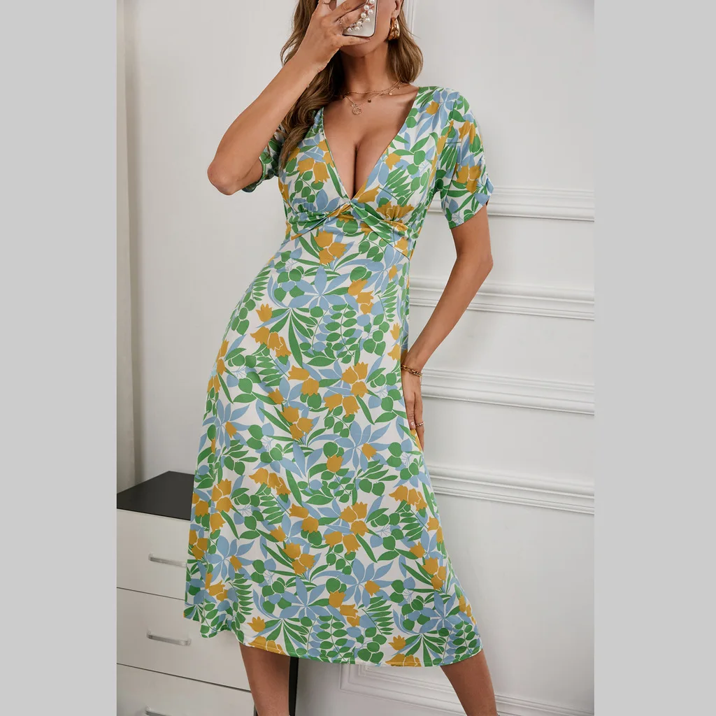 

2022 New Summer Boho Dresses Elegant Women V-Neck High Waist Floral Print Dress Sexy Short Sleeve Casual Tunic Dresses Vestidos