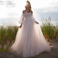 pastrol a line tulle wedding gown for bride 2022 simple illusion puff full sleeve bridal dress women open back vestido de novia