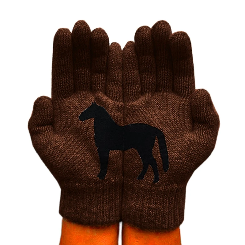

Women Winter Warm Knitted Gloves Funny Black Horse Irregular Patchwork Mittens