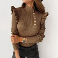 new fall winter womens casual pure color simple korean ruffled button pullover turtleneck knitted sweater black white khaki ins
