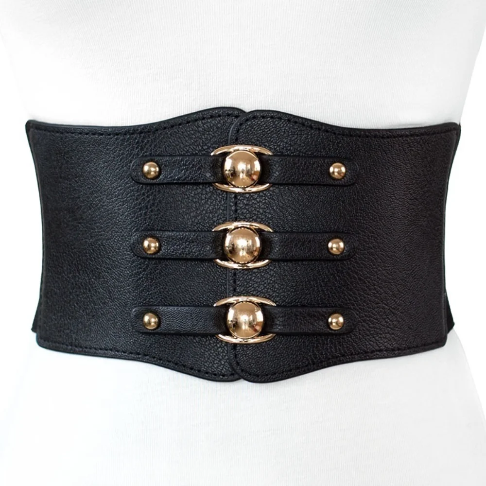 Fashion Wide Belt New Metal Buckle Elastic Waistband Leather Rivet Ultra Wide Belt Chain Belt Corset Belt for Women