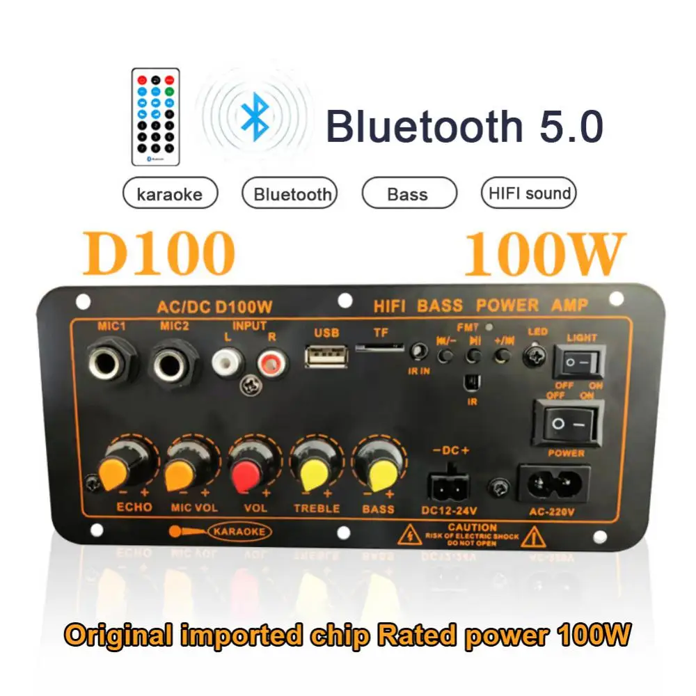 

D100 220V 12V 24V Digital Bluetooth 5.0 Amplifier Board Subwoofer Dual Microphone Amplifiers for 8-12 Inch Speaker 100W