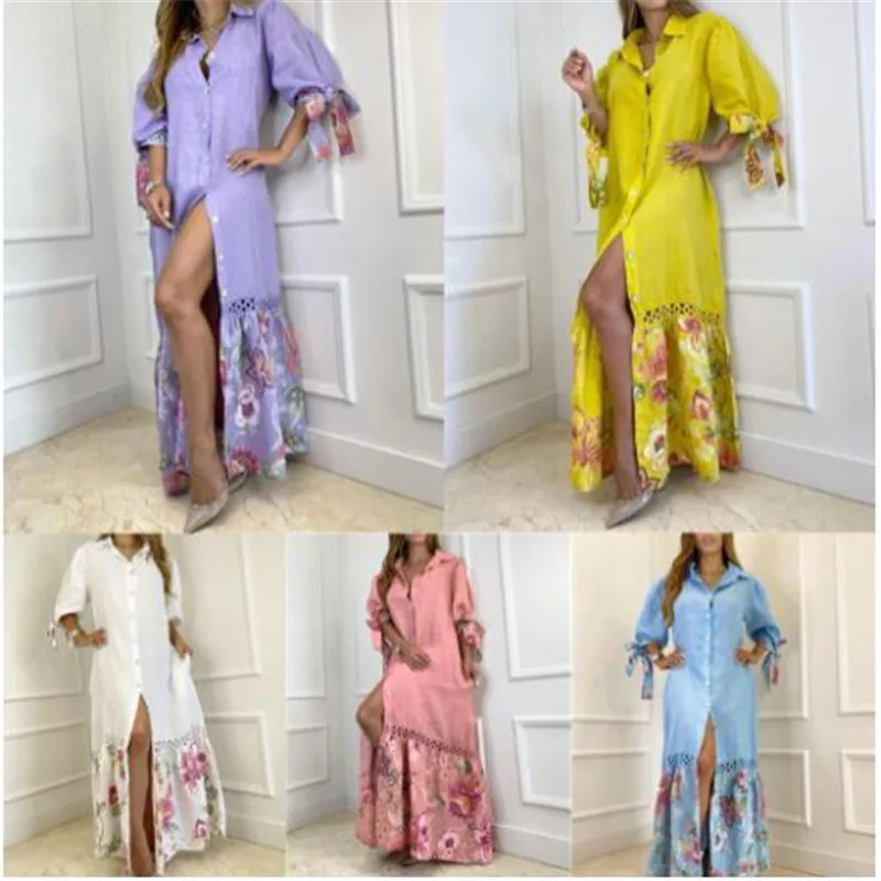 

2023 Casual New Print Shirts Maxi Dress For Women Elegant Tie-Up Loose Long Dress Fashion Single-Breasted Lapel Slit Beach Dress