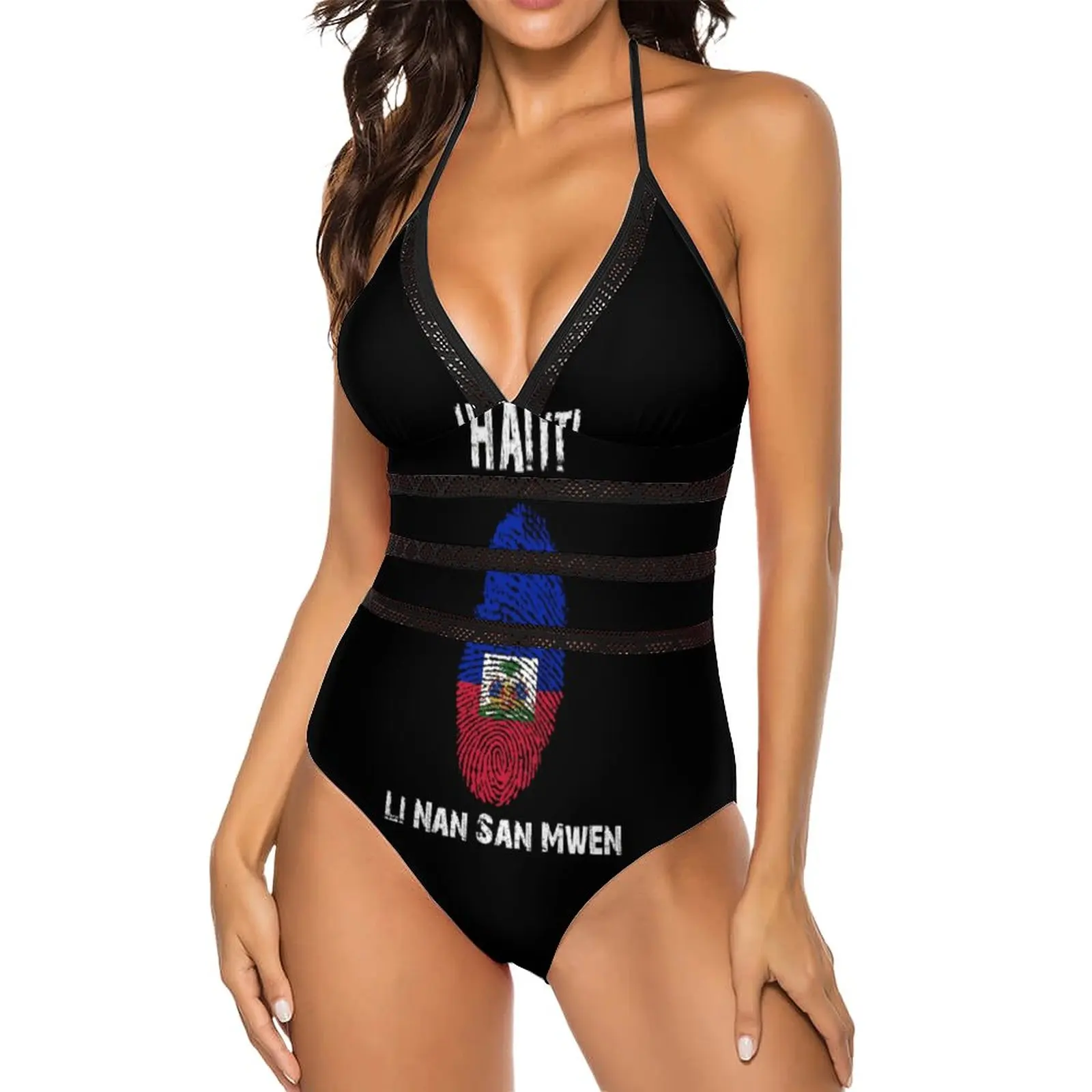 

Novelty Exotic Women's Bikinis Haiti Li Nan San Mwen Fingerprint With Haitian FlagGeeky One-piece Swimsuit High Grade Swimsuit