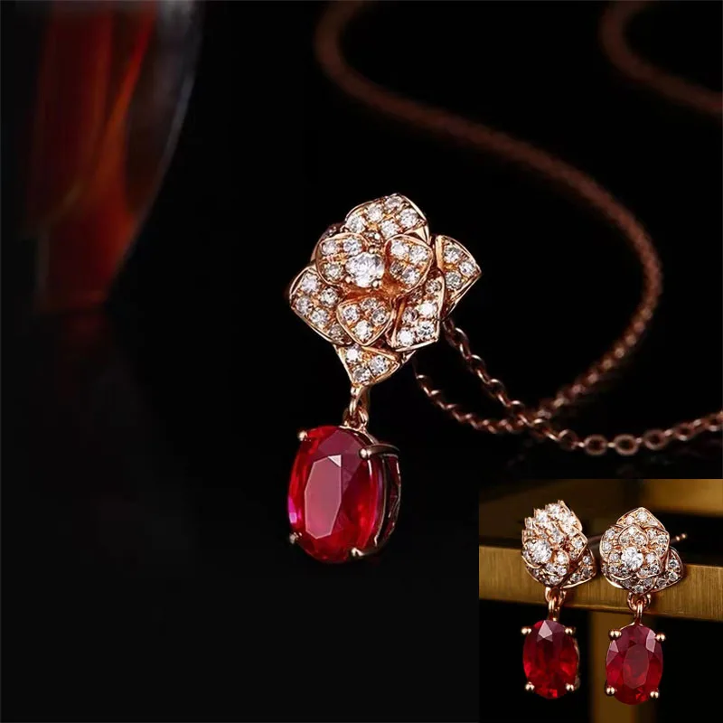 

Copper Set with Zircon Flowers 2 Piece Earring Necklace Fashion Temperament Red Wedding Oval Bride Jewelry Headpiece