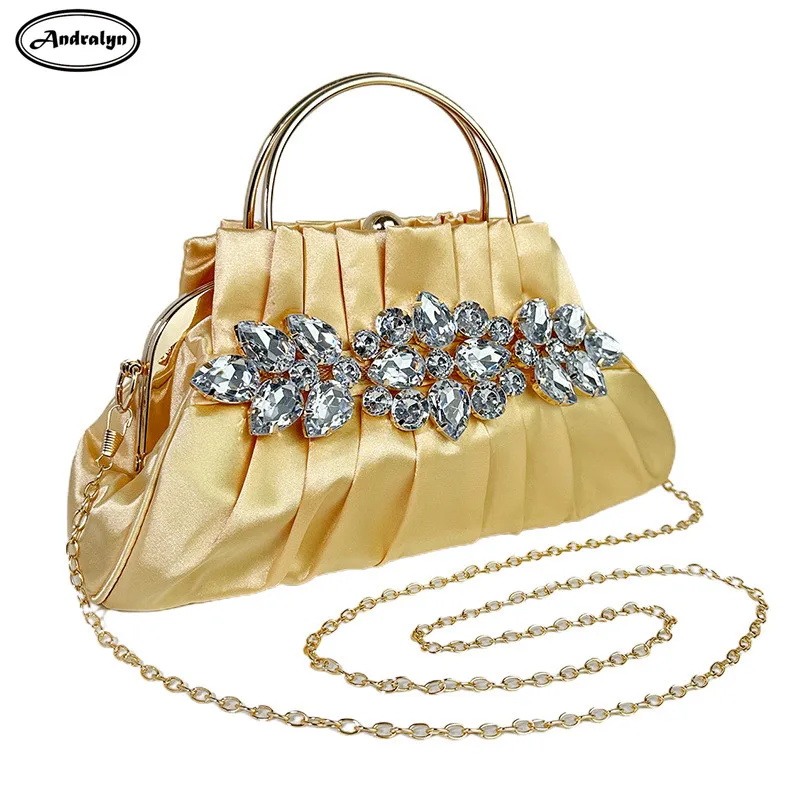 

2023 New Diamonds Rhinestone Evening Bags for Women High-Grade Retro Artificial Silk Banquet Bag Ladies Party Pleated Dinner Bag