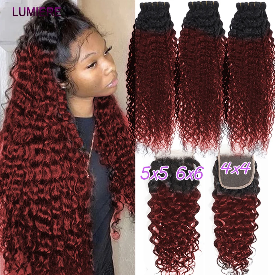 

1B/99J Colored Water Wave Bundles with Closure Frontal 5x5 6x6 HD Peruvian Ombre Hair Weave Bundle With Transparent Lace Closure