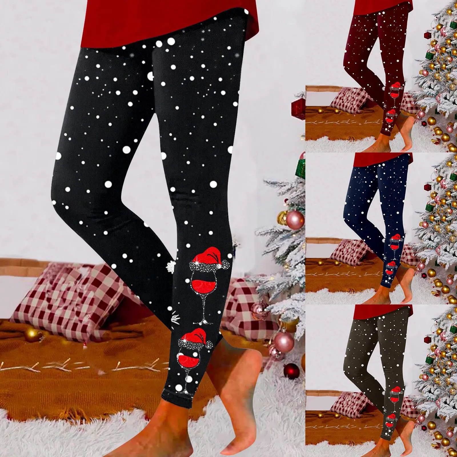 Женские рождественские леггинсы с рисунком бокала для вина колготки высокой