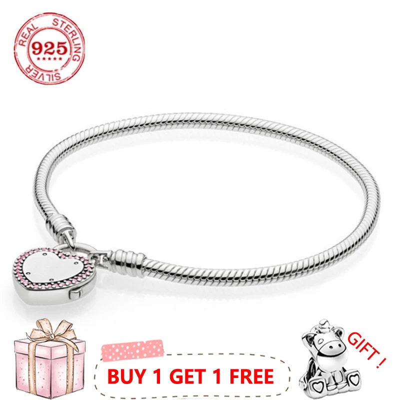 

925 Sterling Silver Pan Bracelet Shiny Heart-shaped Chain Bracelet Fit European Charm Bracelets Women Jewelry