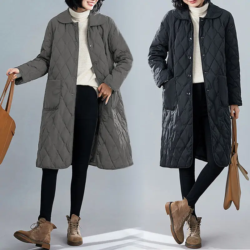 Down Padded Jacket Women's Winter New Large Size Padded Jacket Fat Mm Loose and Thin Rhombus Temperament Mid-length Coat Women