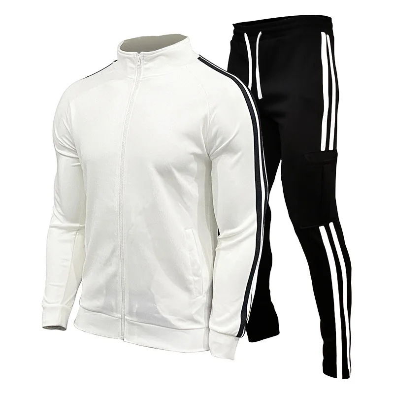 Casual Tracksuit Jacket + Trousers 2-piece Set Jogging Pocket Sportswear Outdoor Men Cardigan Pant Stripe Fashion Spring Autumn