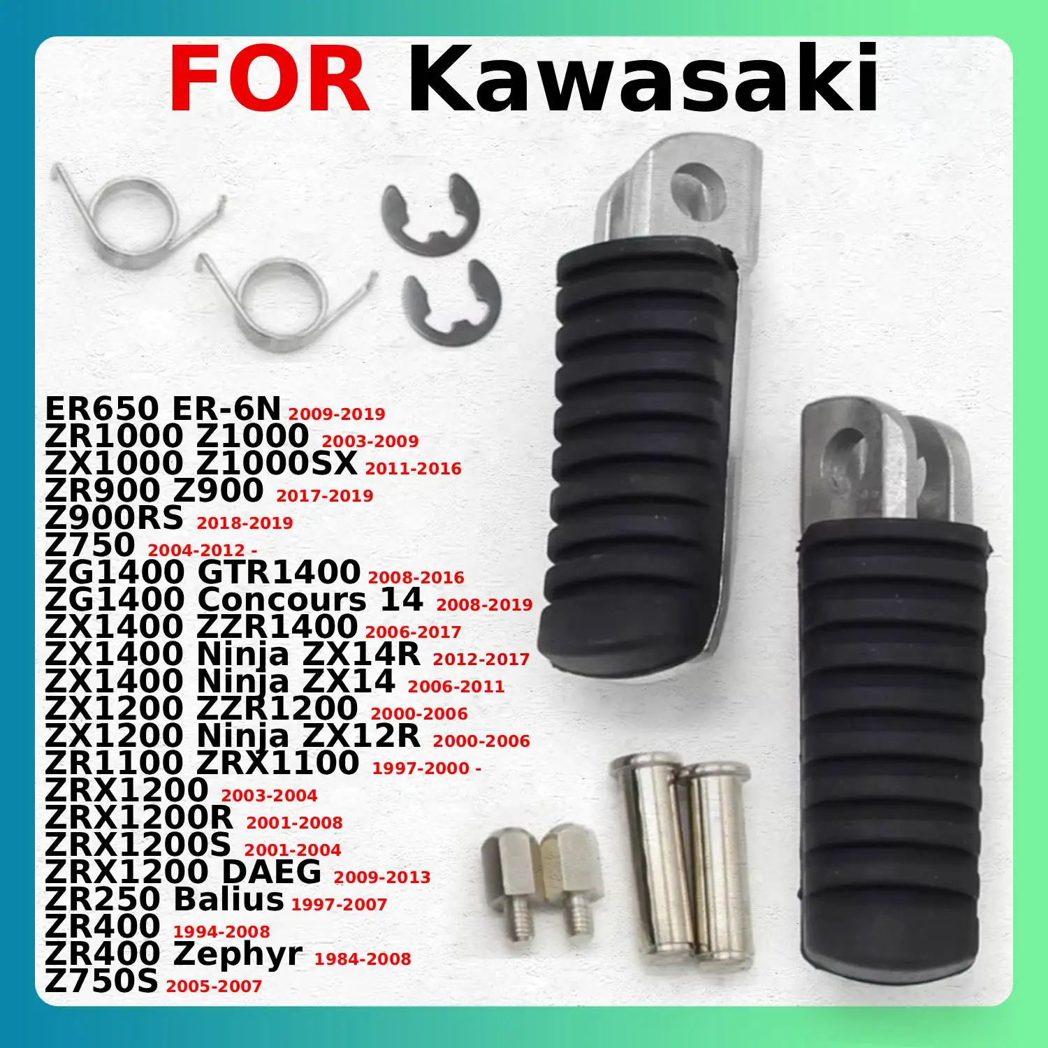 

Передние подножки для Kawasaki ER650, ZR1000, ZR900, Z750, ZG1400 Concours, ZX1200, ZR250, ZR400, Z750S, Ninja, Balius