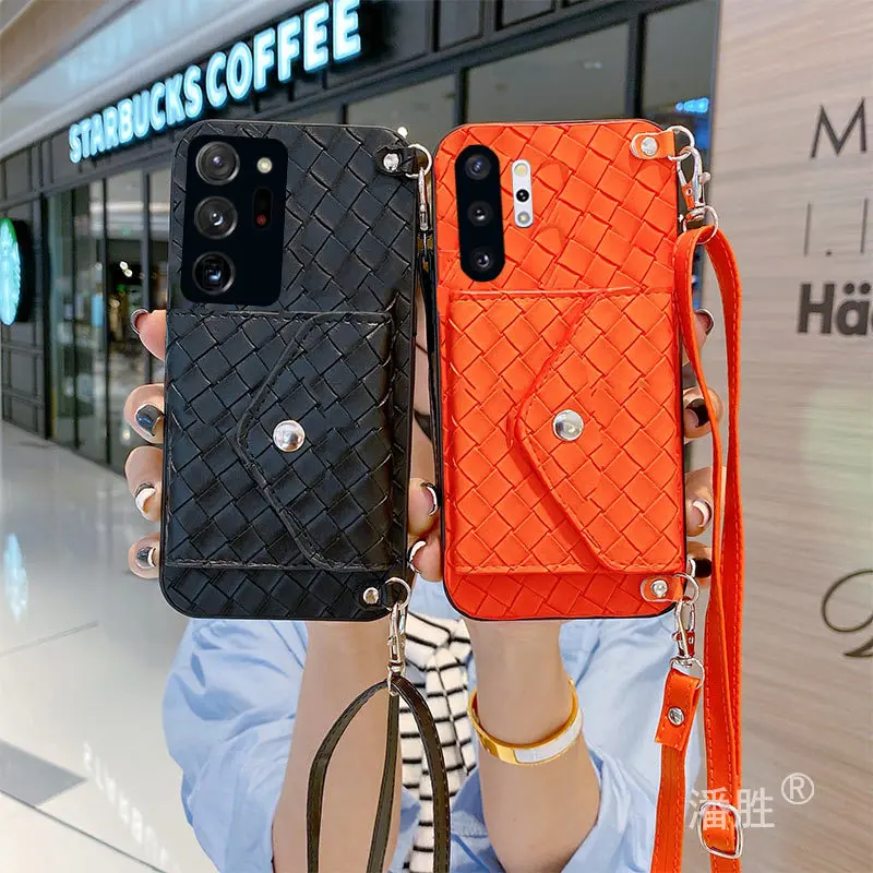 

Simple Balck Woven Strap Crossbody Purse Leather Phone Case for Samsung note 20 Unltra 10 Plus A71 A52 A51 5G Wallet Phone Cover